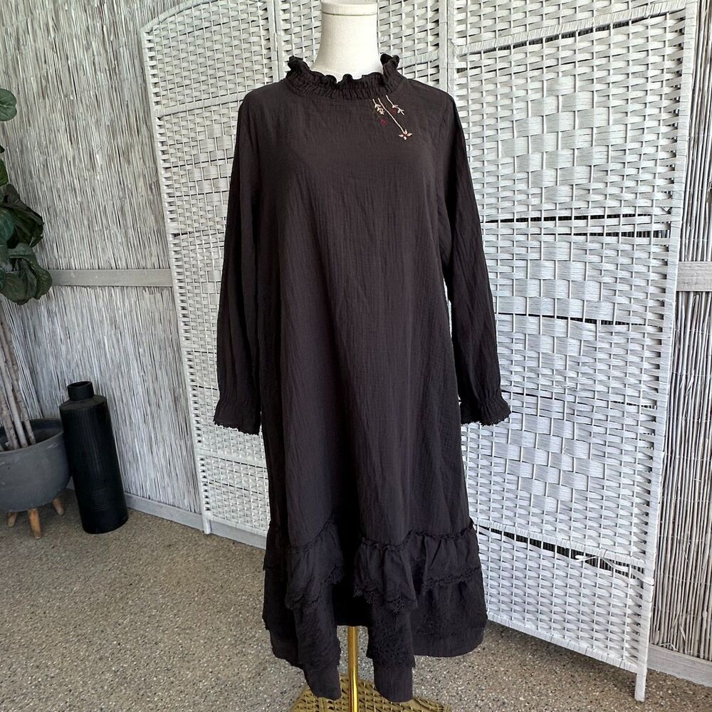 Womens Large L Black Long Sleeve Ruffle Tiered 100% Cotton Dress Billowy Goth